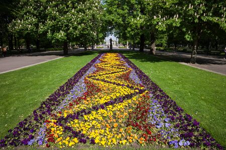 Spring flowers, flowerbed, lawn and trees in the Saxon Garden, city of Warsaw, Polandの写真素材