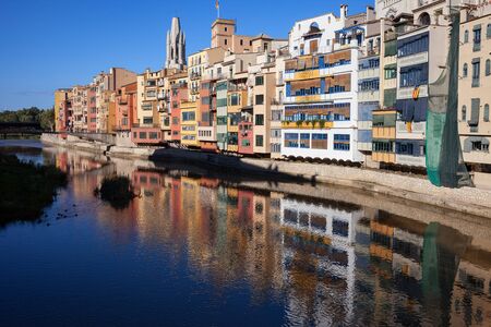 City of Girona in Catalonia, Spain, waterside houses on the River Onyarの写真素材