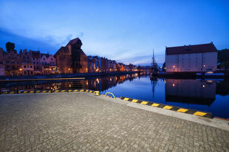 City of Gdansk evening cityscape, Old Town skyline from Old Motlawa River promenade