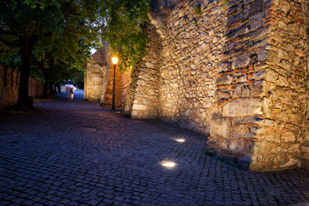 Slovakia, Bratislava, cobbled road along Bratislava Castle wall in the eveningのeditorial素材