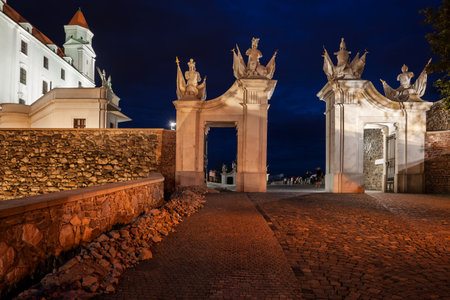 Gate to the Bratislava Castle (Bratislavsky Hrad) at night in Bratislava, Slovakiaのeditorial素材