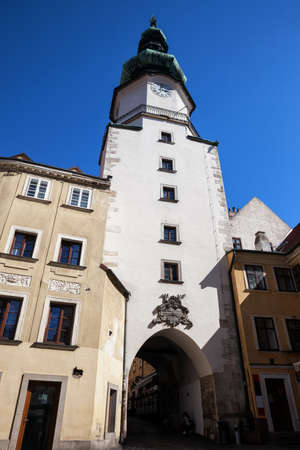 Slovakia, Bratislava, Old Town, Michael's Tower and Gate, historic city landmark.の写真素材