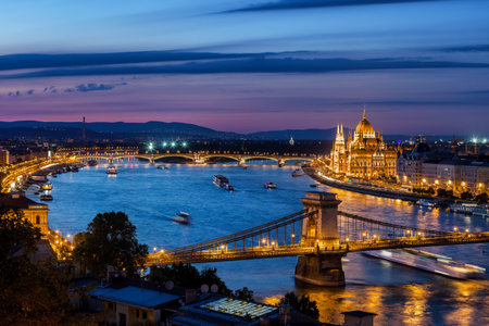 City of Budapest at dusk in Hungary, blue hour cityscape with lighted Chain Bridge and Hungarian Parliament at Danube Riverのeditorial素材