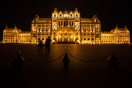 Hungarian Parliament Building illuminated at night in Budapest, Hungary, Gothic Revival style, view from Kossuth Lajos Square.の写真素材