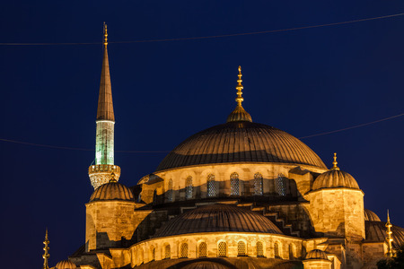 Turkey, Istanbul, Blue Mosque (Sultan Ahmet Camii) domes at night, city landmark from 1616.の写真素材