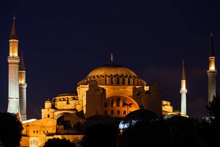 Turkey, city of Istanbul, Hagia Sophia - Church of the Holy Wisdom illuminated at night, Byzantine temple from 6th century (537).の写真素材