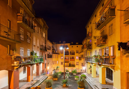 France, Nice city, traditional houses with courtyard in the Old Town (Vieille Ville) at nightのeditorial素材