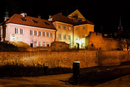 Warsaw by night in Poland, Old Town houses and city wallのeditorial素材