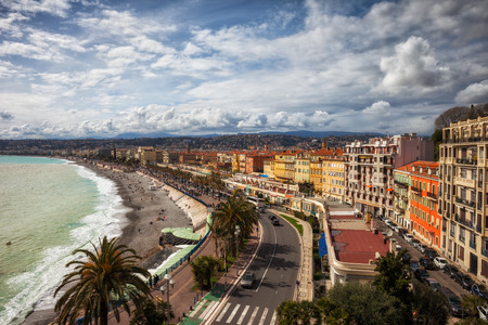 City skyline of Nice in France, beach along Promenade des Anglais on French Rivieraの写真素材