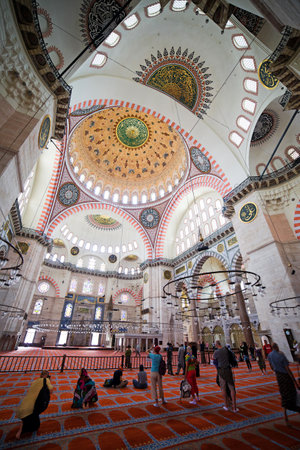 Istanbul, Turkey - June 20, 2011: Suleymaniye Mosque interior, Ottoman imperial mosque, designed in 16th century by Mimar Sinan.のeditorial素材