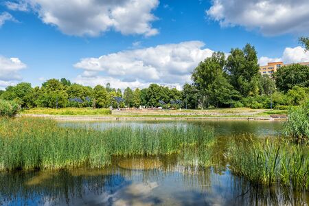 Pond in Edwarda Szymanskiego Park in city of Warsaw in Poland.の写真素材