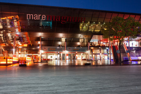 Barcelona, Spain - May 14, 2014: Maremagnum shopping centre at nightのeditorial素材