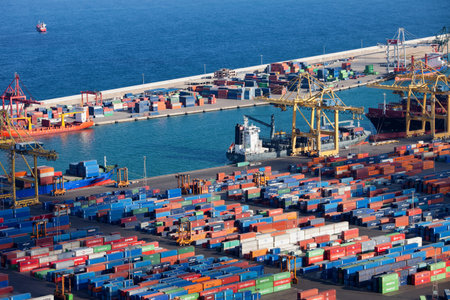 Barcelona, Catalonia, Spain - May 15, 2014: aerial view of Port of Barcelona on Mediterranean Sea