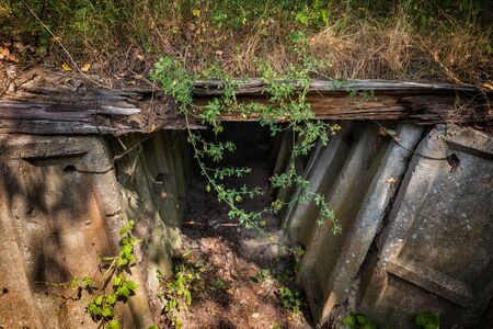 Entrance to the entrenchment room, old trench hidden undergroundの写真素材