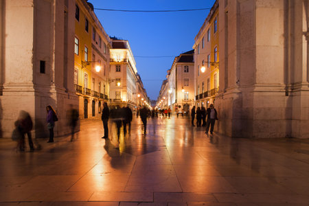Lisbon, Portugal - March 20, 2014: Rua Augusta main pedestrian street by night in historic city centerのeditorial素材