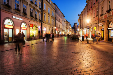Krakow (Cracow), Poland - September 17, 2014: Old Town by night, popular Florianska Street, city landmarkのeditorial素材
