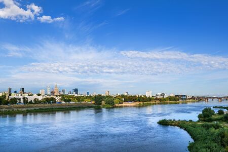 Vistula river and skyline of Warsaw city in Poland.