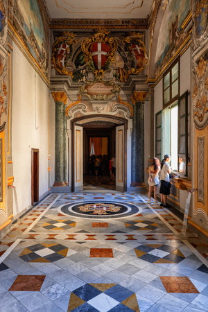 Valletta, Malta - October 16, 2019: The Grandmaster Palace interior, State Rooms corridor with marble floor and paintings in palace of the Grand Master of the Order of St. Johnのeditorial素材