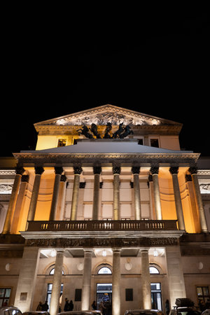 Warsaw, Poland - December 18, 2019: The Grand Theatre and National Opera illuminated at night, also home to the Polish National Ballet, city landmarkのeditorial素材