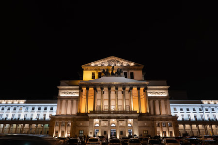Warsaw, Poland - December 18, 2019: The Grand Theatre and National Opera (Polish: Teatr Wielki Opera Narodowa) illuminated at night, also home to the Polish National Ballet, city landmarkのeditorial素材