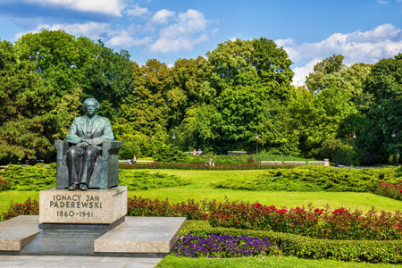 Warsaw, Poland - August 9, 2019: Park Ujazdowski and monument to Ignacy Jan Paderewski, Polish pianist, composer and patriotのeditorial素材