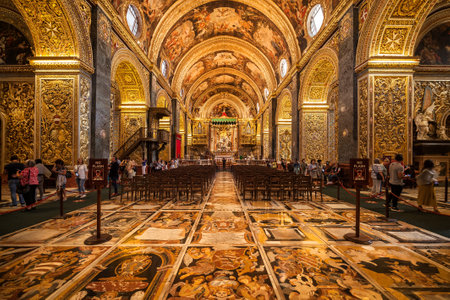 Valletta, Malta - October 10, 2019: St John Co Cathedral High Baroque interior, Church built by the Knights Hospitaller Order of St. John in 16th century.のeditorial素材