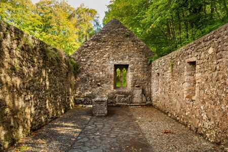 Stone church ruins from 17th century at Saint Patrick Well in Clonmel, Irelandの写真素材