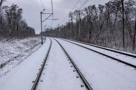 Railway tracks through the forest in winter, snow covered rail transport infrastructureの写真素材