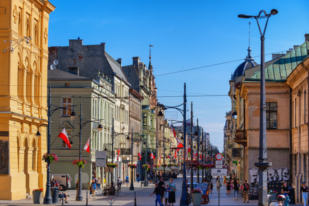 Lodz, Poland - August 5, 2020: Piotrkowska Street, city landmark and major tourist attraction.のeditorial素材