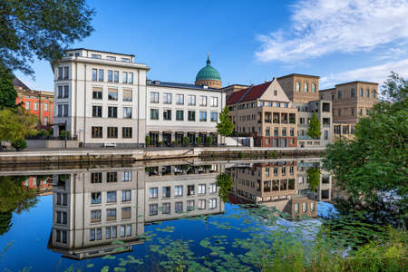 Potsdam city skyline at the Havel river with reflection in water, Brandenburg, Germany.の写真素材