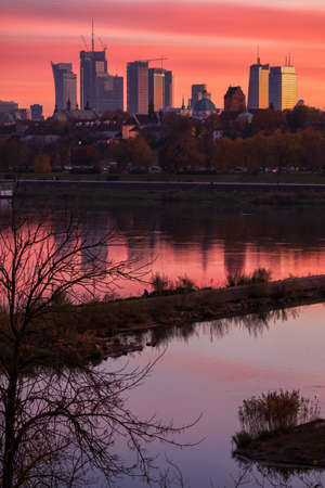 Warsaw city skyline at twilight, capital of Poland downtown river view.の写真素材