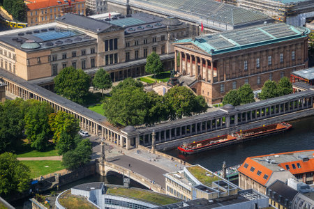 City of Berlin in Germany. Aerial view over Museum Island with Old National Gallery (Alte Nationalgalerie, 1876), the Colonnade and New Museum (1855) building.のeditorial素材