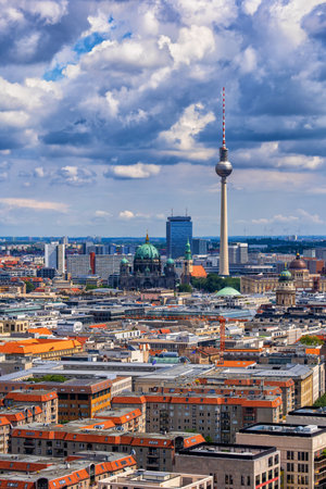 Berlin cityscape, capital city of Germany aerial view with Television Tower and Cathedral, city center.のeditorial素材