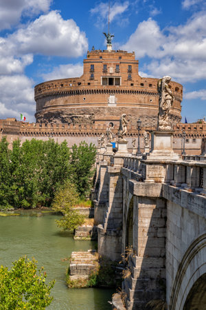 City of Rome in Italy, Castel Sant Angelo (Castle of the Holy Angel), ancient Mausoleum of Hadrian and Ponte St. Angelo Bridge over river Tiber.のeditorial素材
