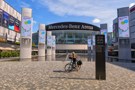 Berlin, Germany - August 7, 2021: The Mercedes-Benz Arena and Mercedes Platz city square, Friedrichshain neighborhood.のeditorial素材