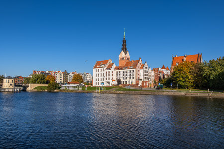 City skyline of Elblag in Poland, river view of the Old Town.
