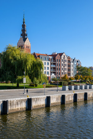 City skyline of Elblag river view with St. Nicholas Cathedral in Warmian-Masurian Voivodeship, Poland.の写真素材