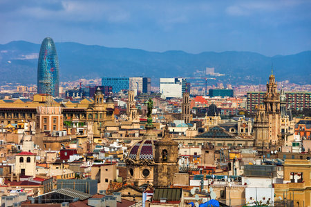 View over city of Barcelona in Catalonia, Spain, cityscape with churches in the Gothic Quarter (Barri Gotic) of the city.の写真素材