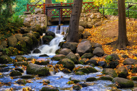 Autumn landscape with waterfall and footbridge in historic Oliwski Park in city of Gdansk in Poland.の写真素材