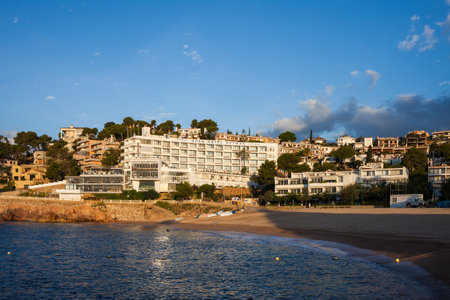 Tossa de Mar, Catalonia, Spain - October 11, 2016 - Gran Hotel Reymar and beach Platja Mar Menuda in resort town on Costa Brava.のeditorial素材