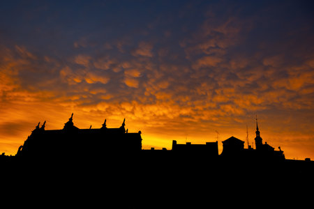 Sunset sky above Old Town skyline silhouette of Gdansk city in Poland.の写真素材