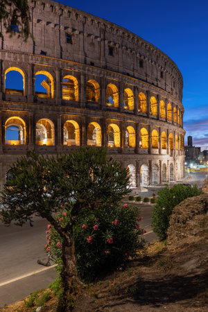 The Colosseum at night in city of Rome in Italy, ancient Flavian Amphitheatre and Gladiators stadium, bush with flowers on a hill slope on the first plan.の写真素材