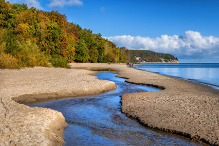Landscape with beach at the Baltic Sea, Swelina Stream and autumn forest, picturesque coastal scenery in Gdynia, Poland.の写真素材