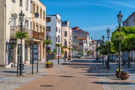 Ciechanow, Masovia, Poland - June 5, 2022: Warszawska Street, main pedestrian boulevard in the city center.のeditorial素材