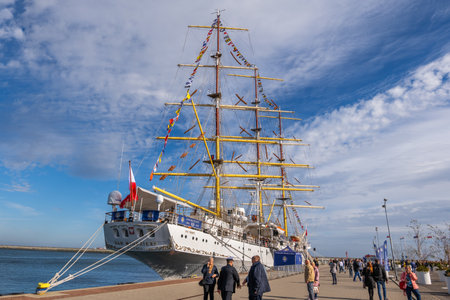 Gdynia, Poland - October 8, 2022 - Dar MÅodzieÅ¼y (Polish: Gift of the Youth) sail training ship, full-rigged ship from 1982 in Port of Gdynia.のeditorial素材