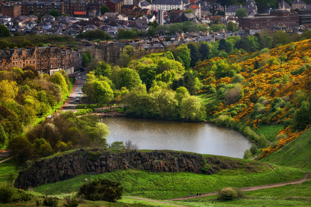 St Margaret Loch in city of Edinburgh, Scotland, Lothian landscape in spring with lake in Holyrood Park.の写真素材