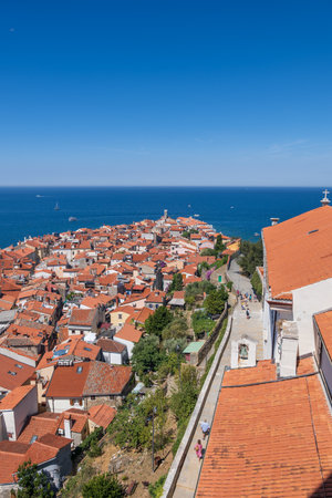 Town of Piran in Slovenia. View above red tiled roofs in the Old Town on the Adriatic Sea coast in Slovenian Istria region.の写真素材