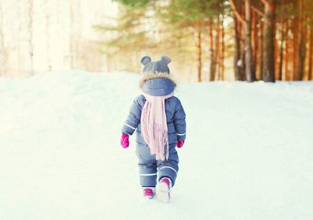 Silhouette of a little child walking in the forest at winter dayの写真素材