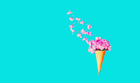 Cone ice cream with pink flowers on blue background, blank copy space for advertising textの写真素材