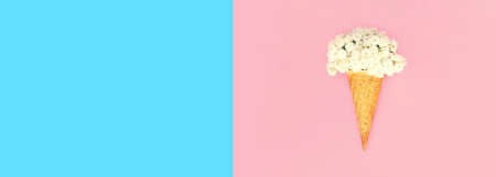 Ice cream cone with flowers on colorful pink background, top view, flat lay, blank copy space for advertising textの写真素材